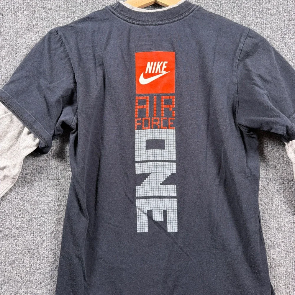 Y2K Nike Air Force One Shirt Boys M Black Grey Layered Long Sleeve Graphic Tee